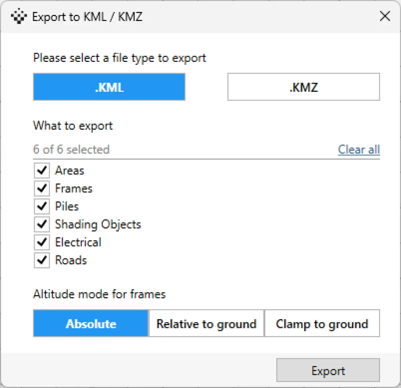 PVcase Ground Mount KML export menu setting layer visibility and frame altitude placement modes.