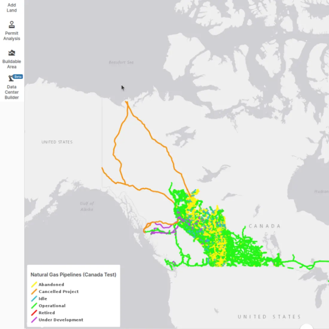 PVcase Prospect map of Canada displaying natural gas pipeline infrastructure layers.