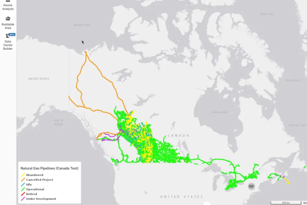 PVcase Prospect map of Canada displaying natural gas pipeline infrastructure layers.