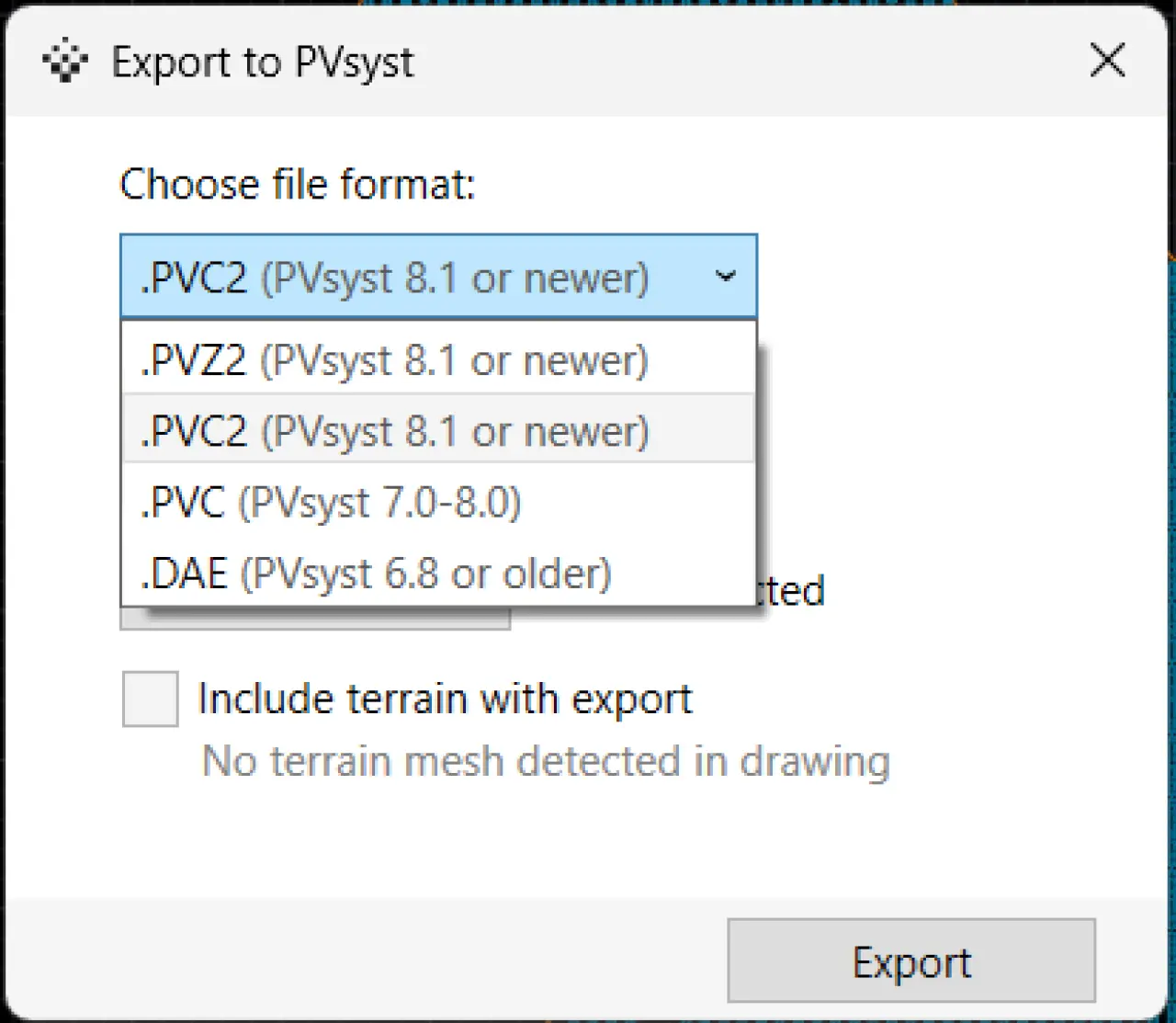 PVcase Ground Mount export menu selecting PVC2 file format for PVsyst yield simulation handoff.