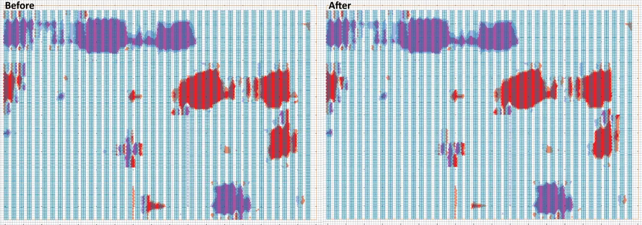 PVcase Ground Mount before and after layout comparison showing Terrain-Following Tracker optimization.