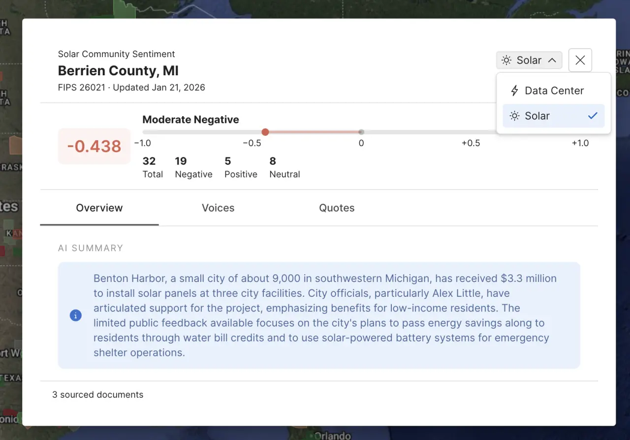 PVcase Prospect solar community sentiment panel showing stakeholder score and quotes for Berrien County.