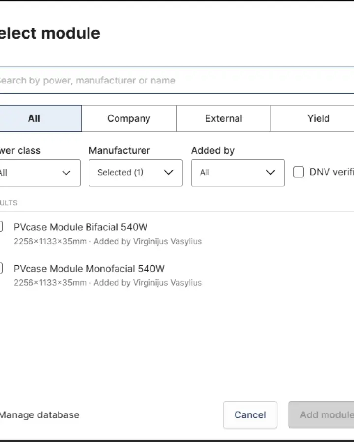 PVcase Yield component search interface filtering modules by power class, manufacturer, and user.