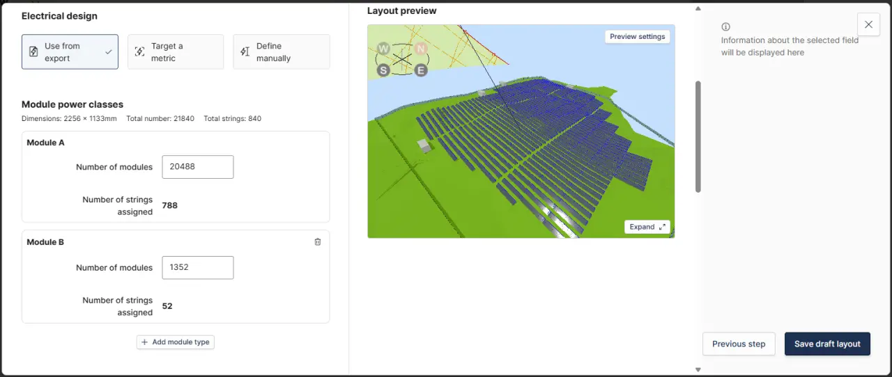 PVcase Yield electrical design menu mapping string-level power classes with a 3D layout preview.