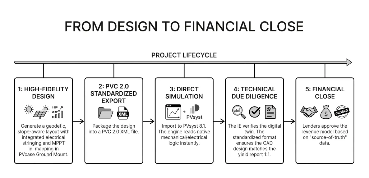 Diagram showing the 5-step PVcase bankability workflow, from high-fidelity 3D layout in PVcase Ground Mount and PVC 2.0 export to PVsyst 8.1 simulation, independent engineer due diligence, and financial close.