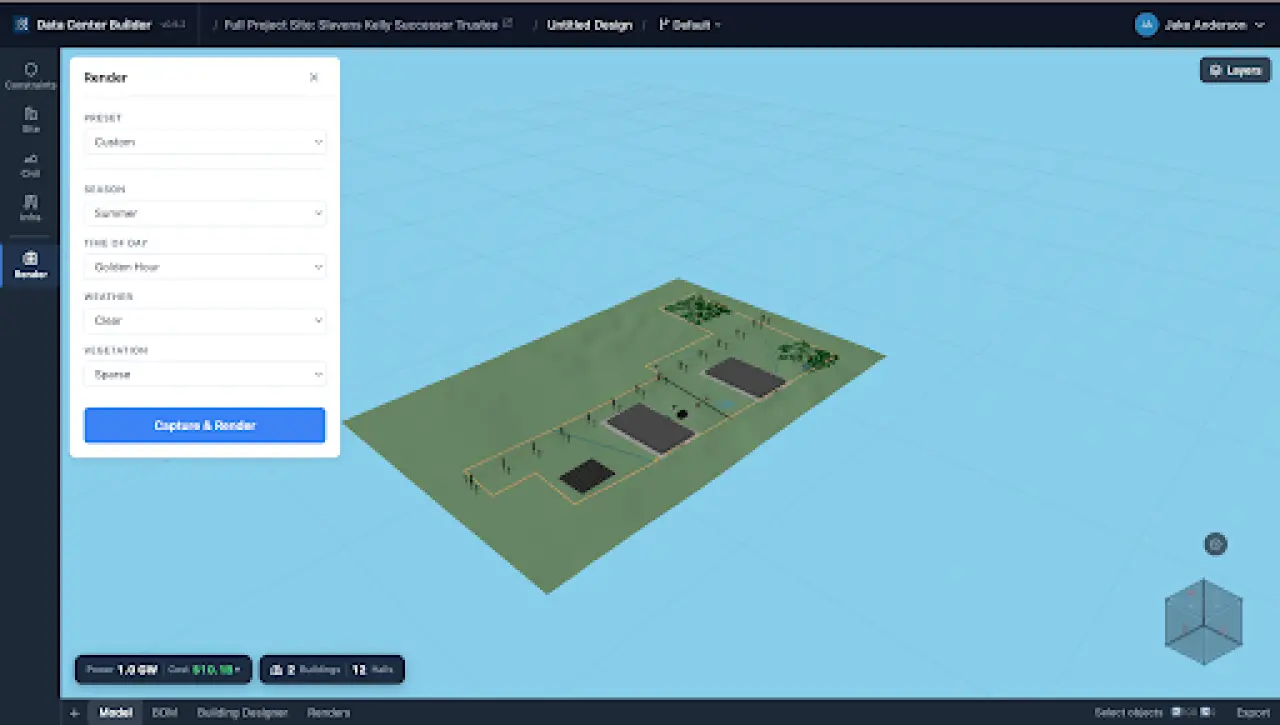 PVcase Prospect’s Data Center Builder tool showing a 3D test fit render with buildings, transmission lines, environmental controls, and site cost metrics.