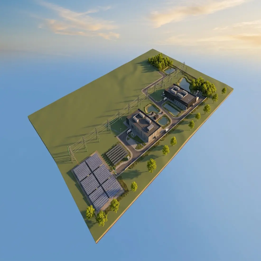 3D color test fit rendering of the Slavens Kelly Trustee hybrid data center campus with on-site solar panels generated in PVcase Prospect.