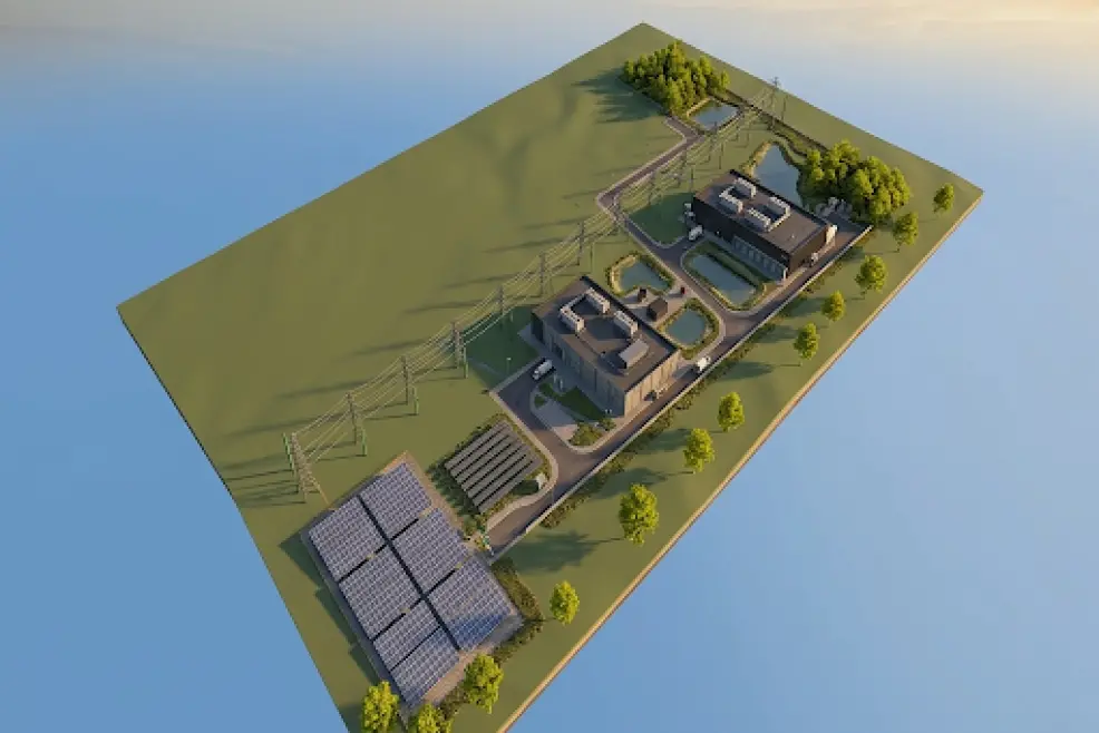 3D color test fit rendering of the Slavens Kelly Trustee hybrid data center campus with on-site solar panels generated in PVcase Prospect.
