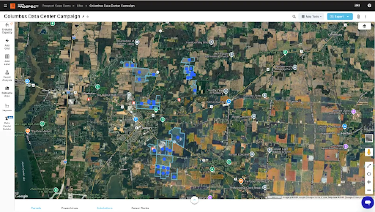 PVcase Prospect GIS map of Columbus, Ohio displaying geometric parcel boundaries filtered automatically by land and infrastructure parameters.