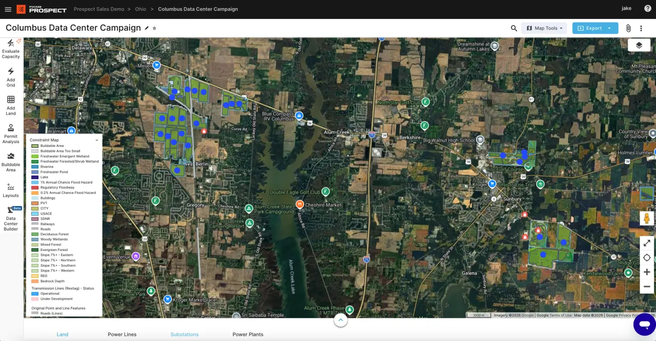 PVcase Prospect GIS map of Columbus, Ohio displaying geometric parcel boundaries filtered automatically by land and infrastructure parameters.
