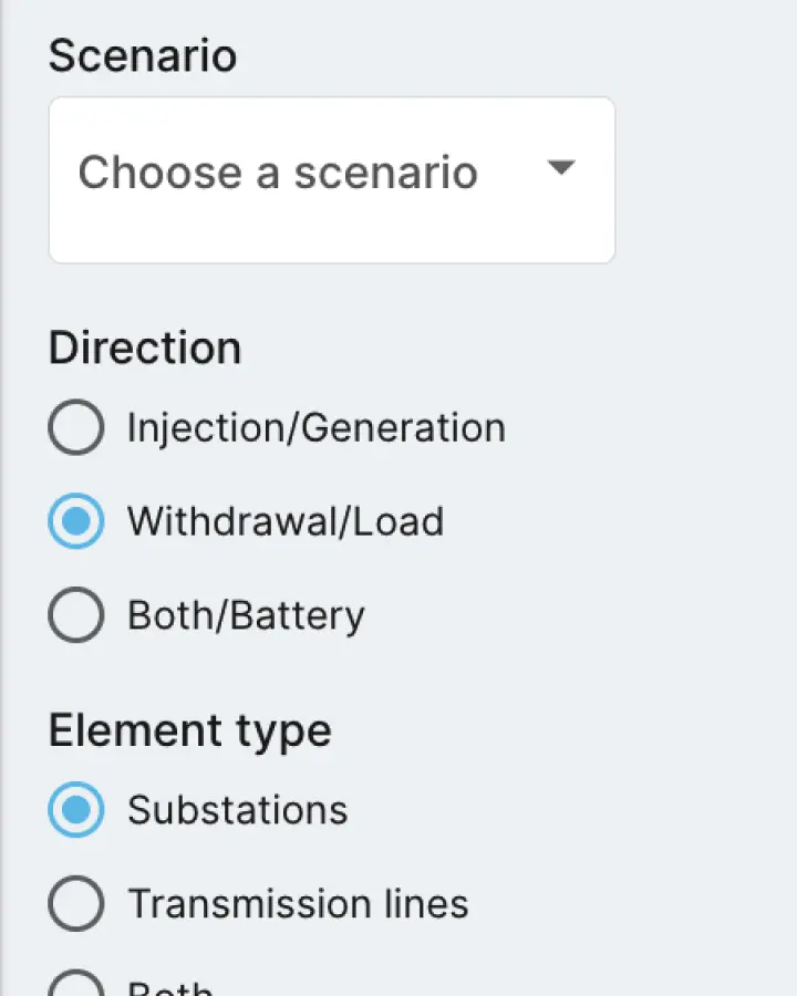 PVcase Prospect capacity search interface showing parameter filters for upgrade costs, voltage range, injection or withdrawal direction, and substation elements.
