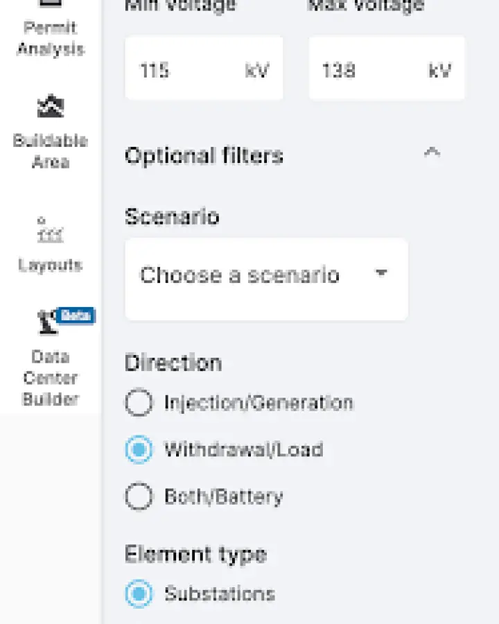 PVcase Prospect capacity search interface showing parameter filters for upgrade costs, voltage range, injection or withdrawal direction, and substation elements.