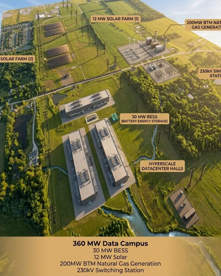 3D rendering of the data center test fit with adjacent solar farms, BESS, and natural gas generation in PVcase Prospect.