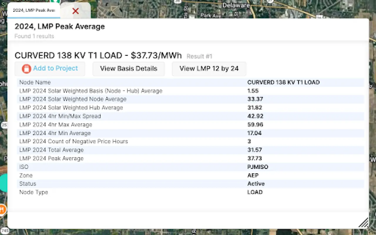 PVcase Prospect locational marginal pricing window detailing 2024 node averages, hub averages, and solar-weighted basis spreads per megawatt-hour.