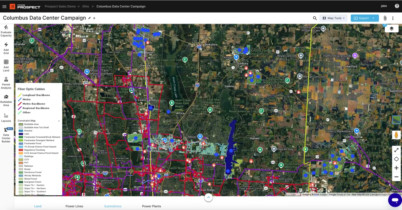 PVcase Prospect satellite map of Columbus, Ohio with overlaid fiber optic cables, natural gas pipelines, and nearby data center locations.