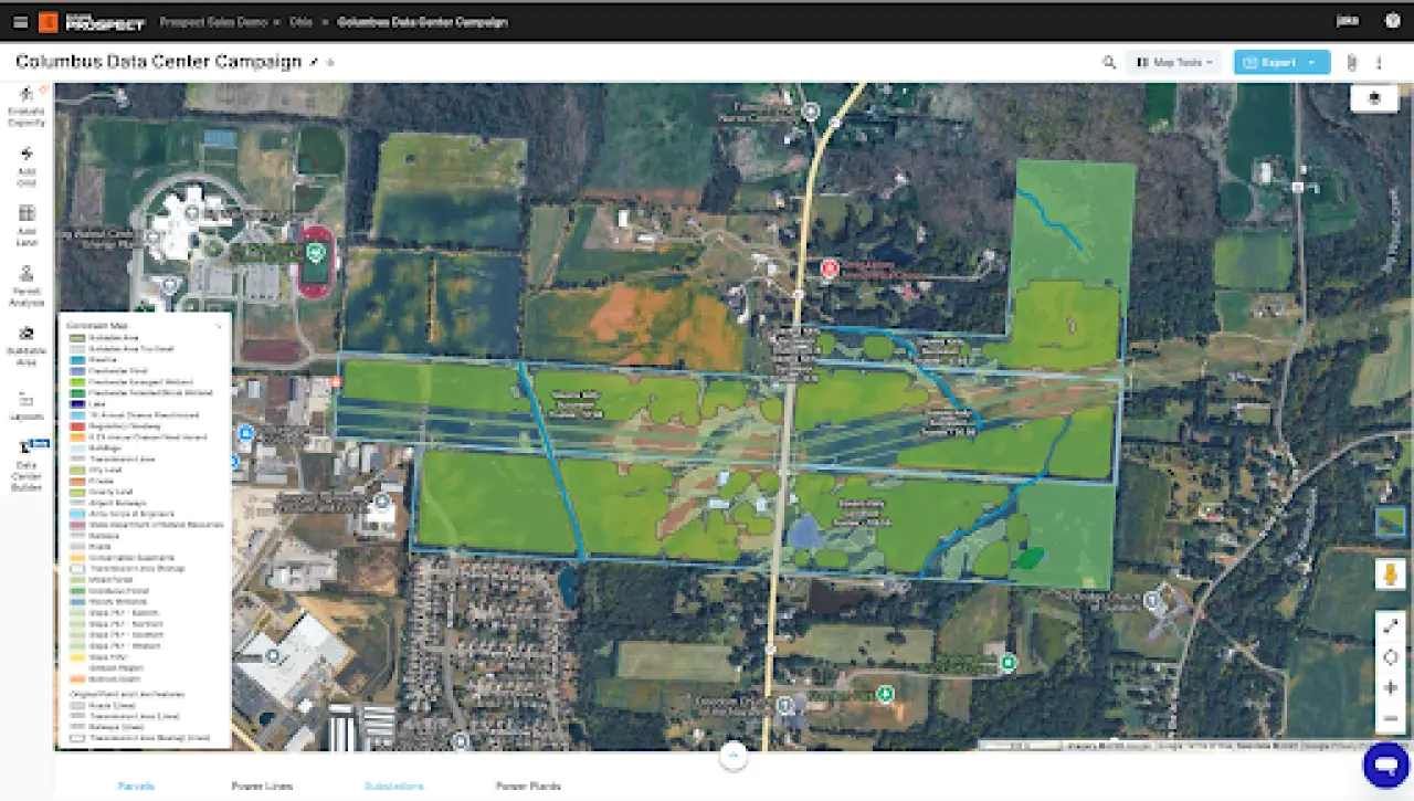 PVcase Prospect GIS interface showing parcel buildability constraints, freshwater emergent wetlands, and bedrock depth layers near Columbus, Ohio.