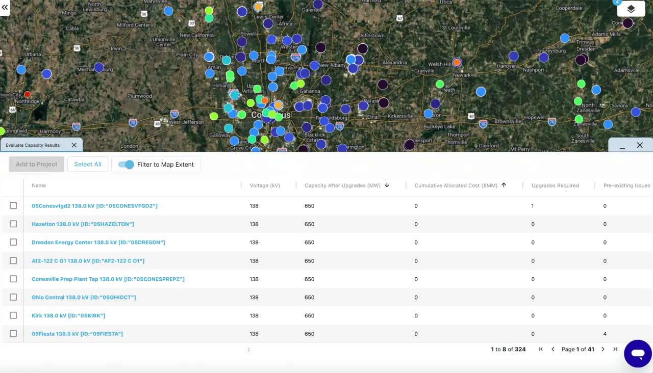 PVcase Prospect POI mapping interface displaying point of interconnection status dots over Columbus, Ohio alongside a substation upgrade cost table.