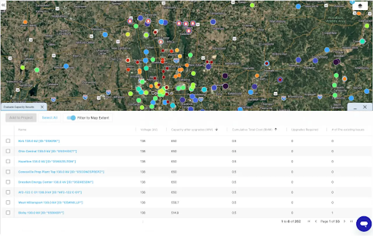 PVcase Prospect POI mapping interface displaying point of interconnection status dots over Columbus, Ohio alongside a substation upgrade cost table.
