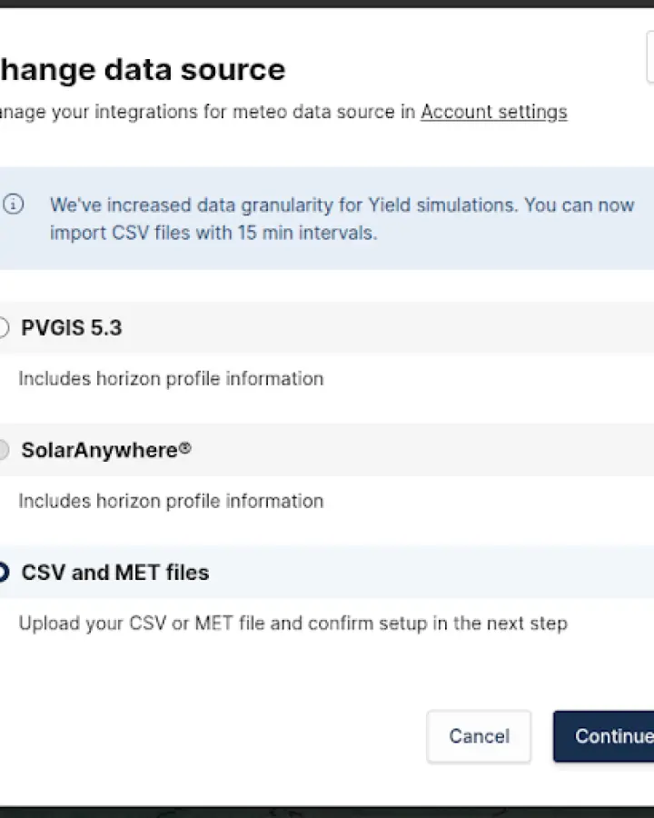 A technical interface screenshot of the PVcase Yield configuration window titled Change Data Source. The menu displays available meteorological and horizon data import methods, including selectable options for PVGIS 5.3 with horizon profile information, SolarAnywhere with horizon profile information, and a combined option for custom CSV and PVsyst MET files. The CSV and MET selection displays an active system prompt indicating that users will confirm the specific file parameters and setup in the subsequent step of the file import process.