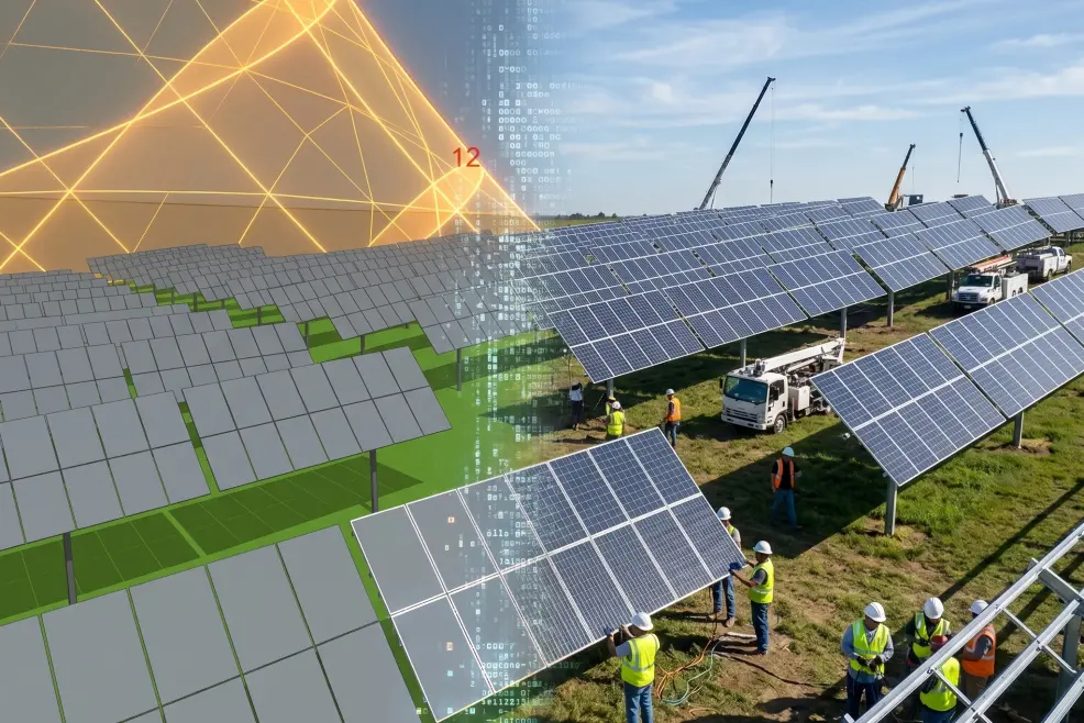 A cinematic split-view drone shot of a large-scale solar farm transitioning from a digital twin to physical reality. The left side displays a technical 3D render featuring a semi-transparent yellow dome representing atmospheric light diffusion, with a black spiral line tracing the sun’s yearly path over topographical contours. A vertical digital shimmer in the center merges the render into the right side, which shows a photorealistic construction site with workers, cranes, and high-gloss bifacial modules under a crisp blue sky. The composition illustrates the seamless transition from advanced solar simulation to industrial implementation.