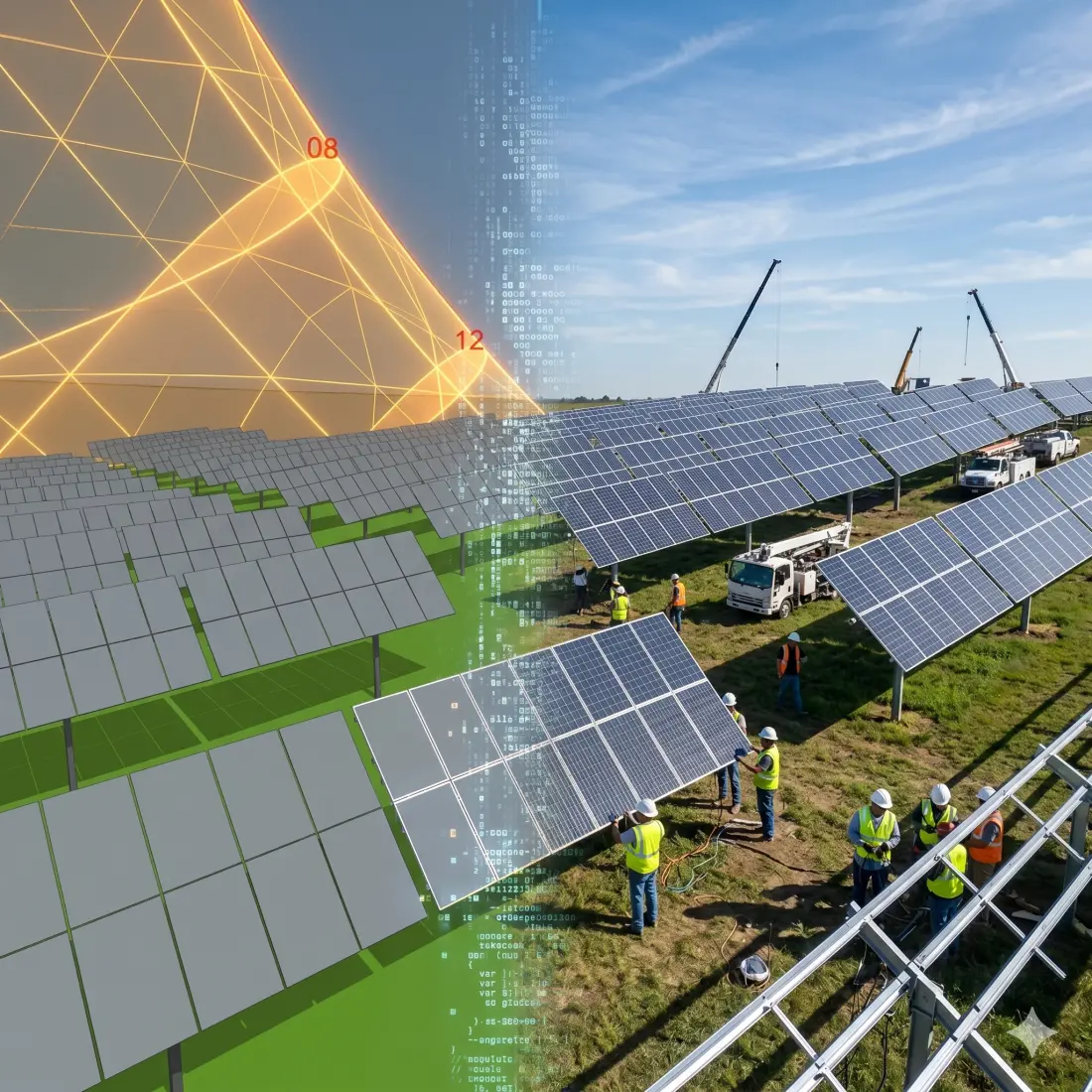 A cinematic split-view drone shot of a large-scale solar farm transitioning from a digital twin to physical reality. The left side displays a technical 3D render featuring a semi-transparent yellow dome representing atmospheric light diffusion, with a black spiral line tracing the sun’s yearly path over topographical contours. A vertical digital shimmer in the center merges the render into the right side, which shows a photorealistic construction site with workers, cranes, and high-gloss bifacial modules under a crisp blue sky. The composition illustrates the seamless transition from advanced solar simulation to industrial implementation.
