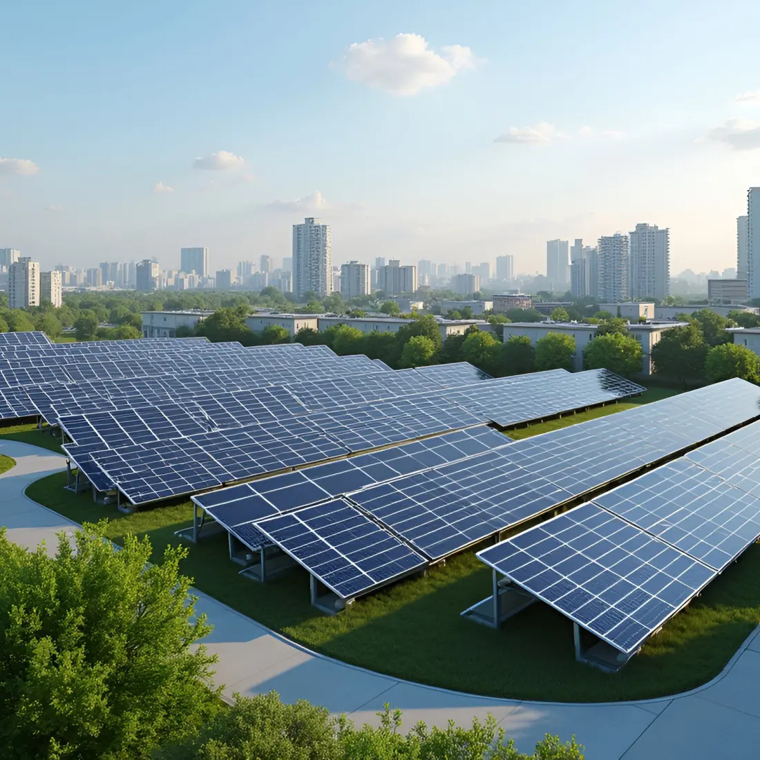 Photography of a solar power plant for residential use in a park in the residential area of a city.