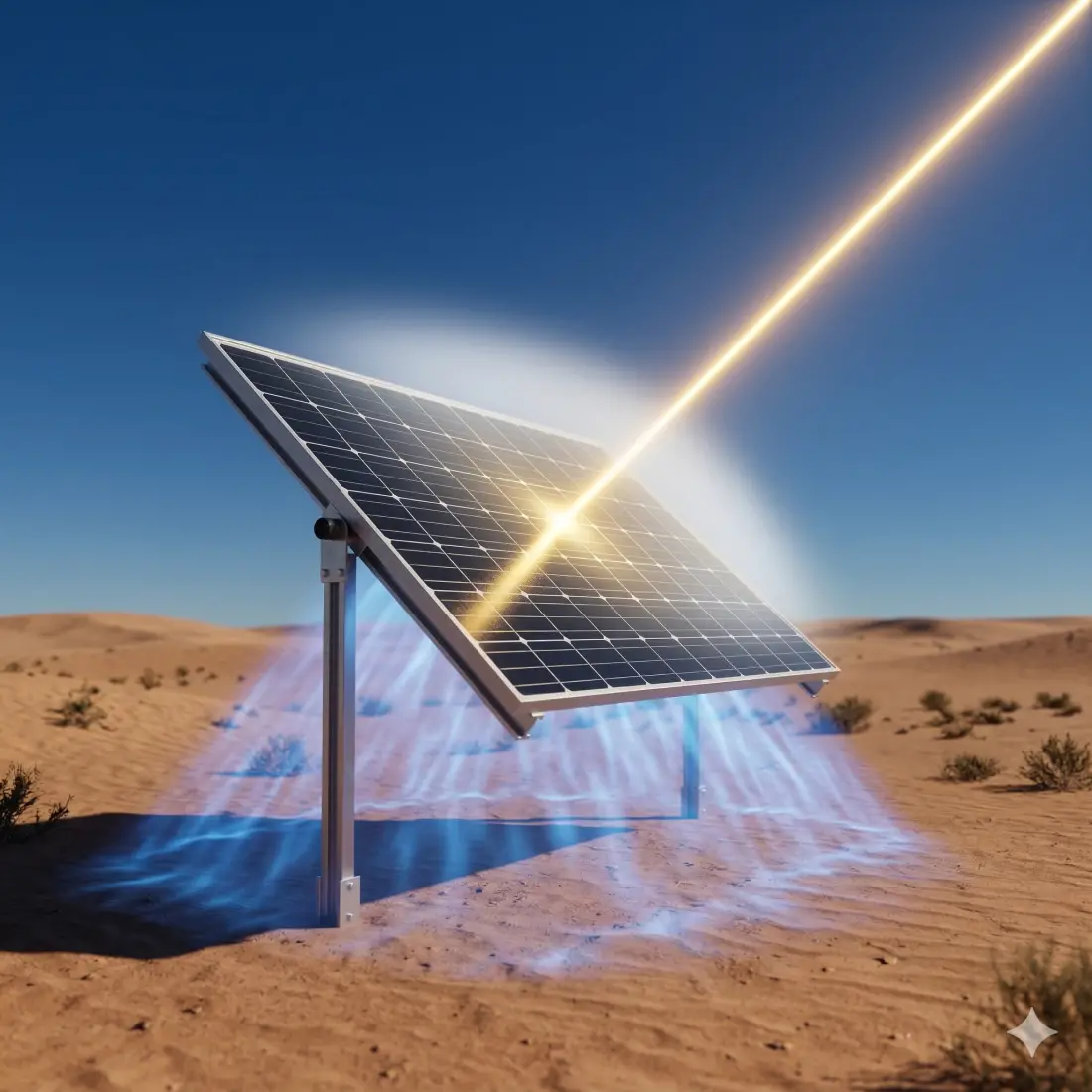 An AI-generated image of a bifacial solar panel set against a clean desert horizon and clear sky. The image visually deconstructs solar irradiance into three distinct light components: a singular, powerful, golden laser-like beam striking the upward panel at a 30-degree angle; a soft, ethereal white ambient glow surrounding the upward panel; and a shimmering blue upward aura reflected on the sandy ground, hitting the downward panel. The solar panel features textures of tempered glass and monocrystalline silicon cells with fine silver busbars. The background is a minimalist, slightly out-of-focus arid landscape under a deep blue sky. Lighting is volumetric and hyper-realistic, highlighting the "physics of light."