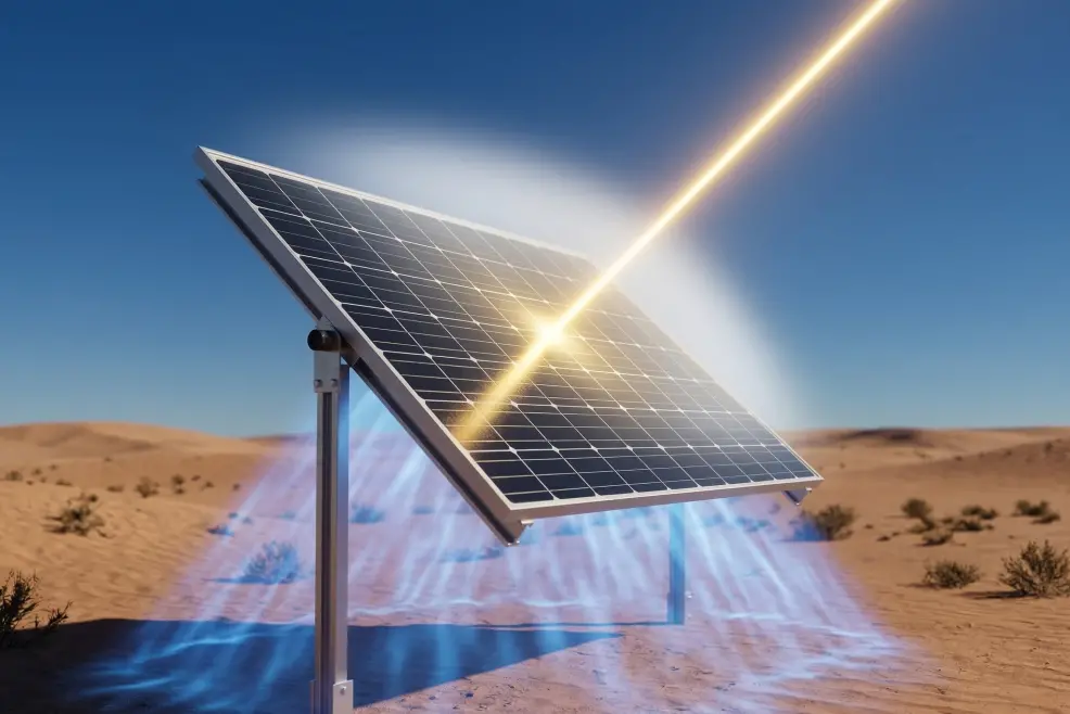 An AI-generated image of a bifacial solar panel set against a clean desert horizon and clear sky. The image visually deconstructs solar irradiance into three distinct light components: a singular, powerful, golden laser-like beam striking the upward panel at a 30-degree angle; a soft, ethereal white ambient glow surrounding the upward panel; and a shimmering blue upward aura reflected on the sandy ground, hitting the downward panel. The solar panel features textures of tempered glass and monocrystalline silicon cells with fine silver busbars. The background is a minimalist, slightly out-of-focus arid landscape under a deep blue sky. Lighting is volumetric and hyper-realistic, highlighting the "physics of light."