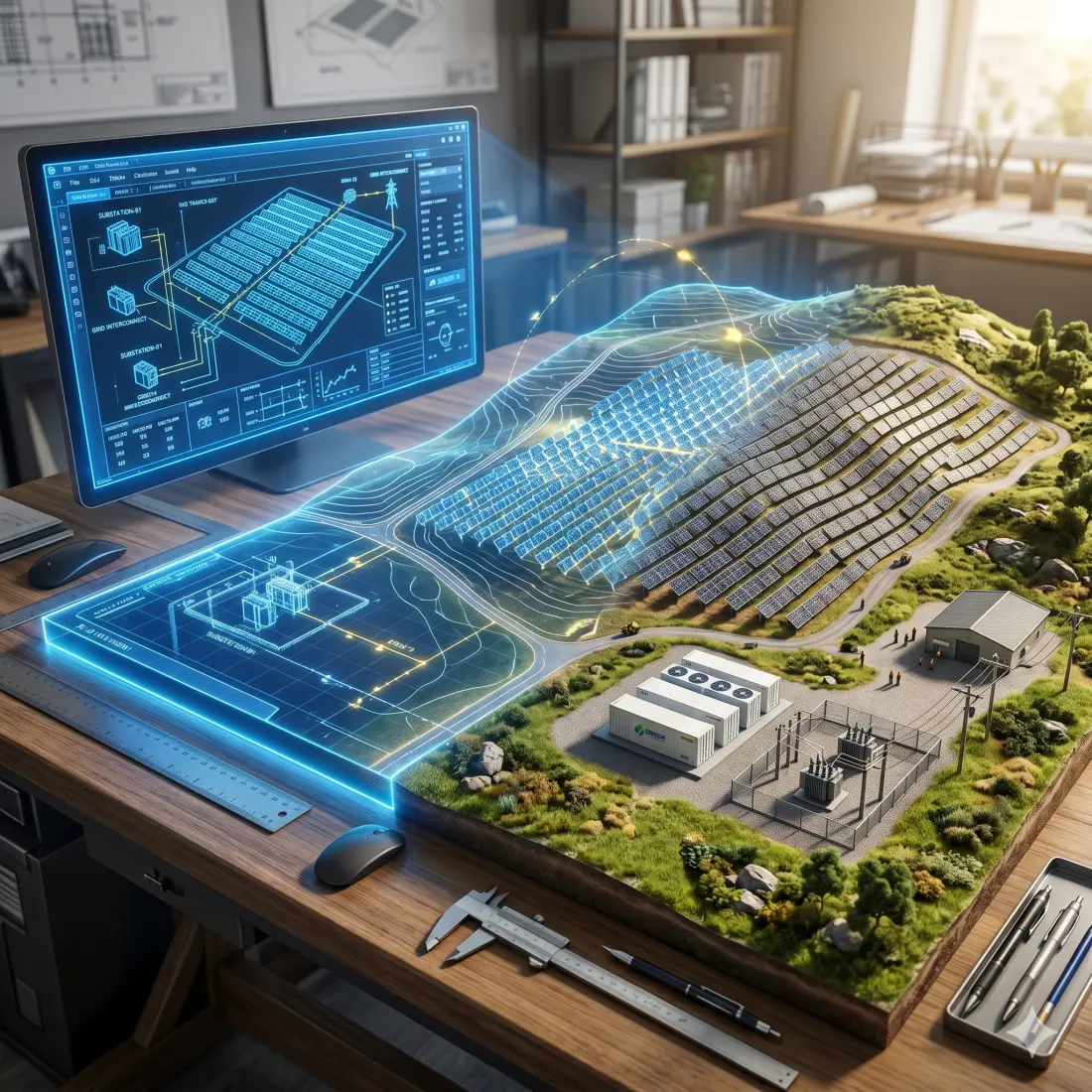 An architectural drafting table displaying the evolution of the utility-scale solar project development process. On the left, a glowing blue digital touchscreen shows a 3D wireframe CAD schematic of a solar farm grid and interconnection nodes. The center features a semi-transparent holographic projection of solar trackers following hilly terrain. The right side culminates in a hyper-realistic 1:500 scale physical miniature model of a completed solar plant, including battery energy storage (BESS) units and textured PV panels. The lighting shifts from a cool digital blue to warm, natural sunlight, symbolizing the transition from design to commercial operation.
