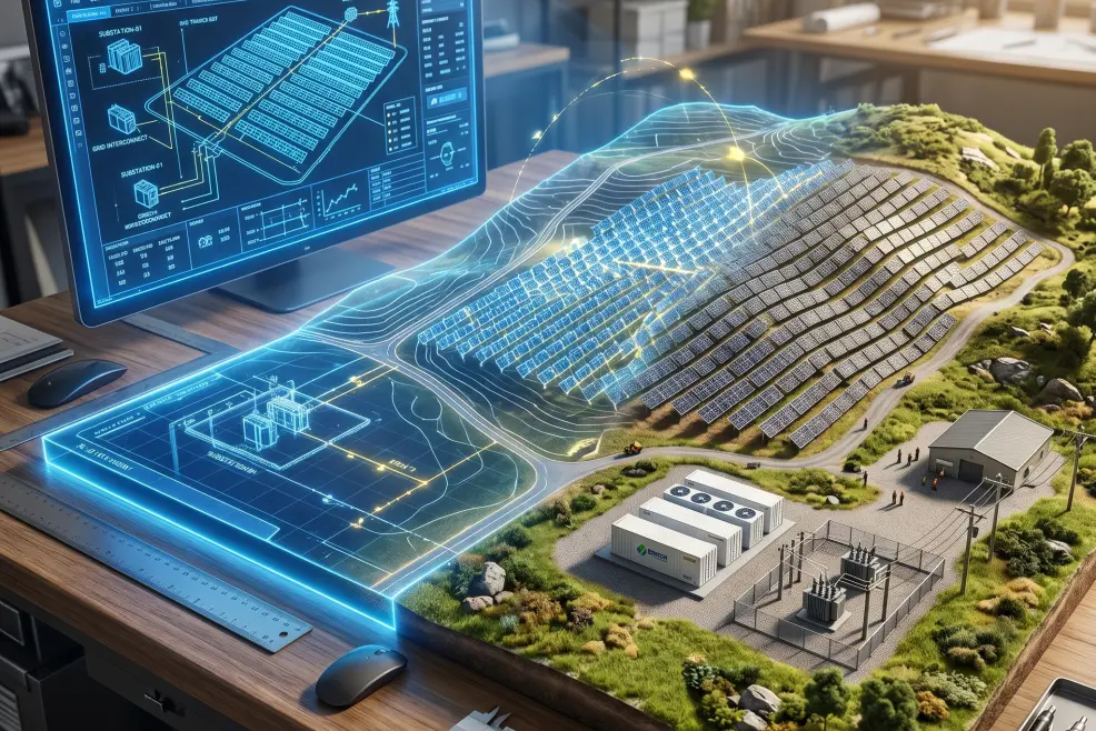 An architectural drafting table displaying the evolution of the utility-scale solar project development process. On the left, a glowing blue digital touchscreen shows a 3D wireframe CAD schematic of a solar farm grid and interconnection nodes. The center features a semi-transparent holographic projection of solar trackers following hilly terrain. The right side culminates in a hyper-realistic 1:500 scale physical miniature model of a completed solar plant, including battery energy storage (BESS) units and textured PV panels. The lighting shifts from a cool digital blue to warm, natural sunlight, symbolizing the transition from design to commercial operation.