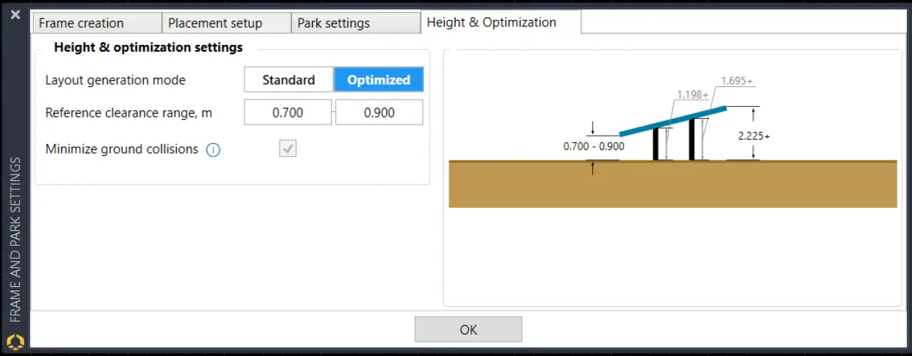 Frame and park settings display on PVcase Ground Mount showcasing the automated height & optimization settings for solar power plant design.