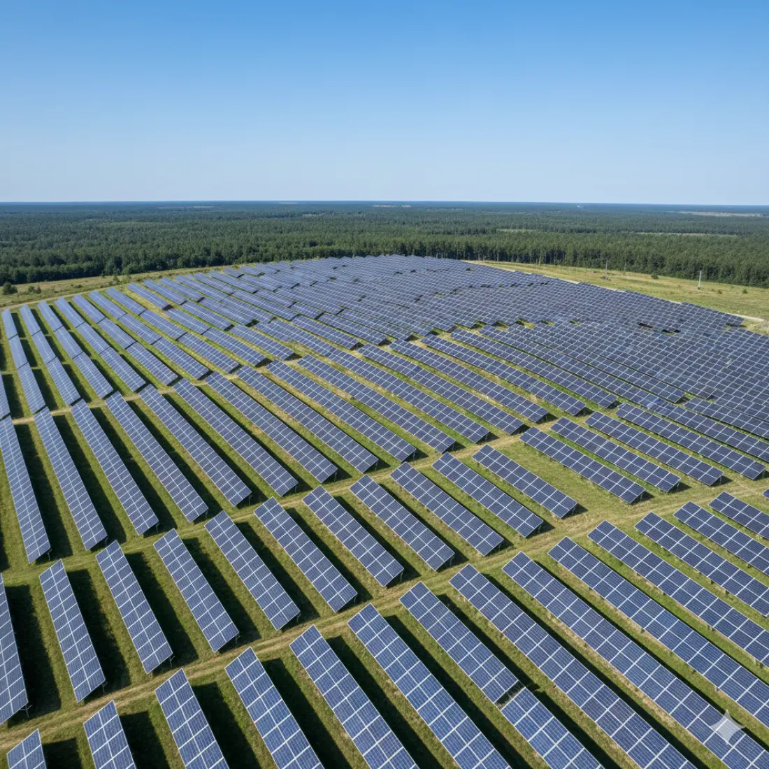 Imagen aérea de una planta fotovoltaica a gran escala sobre una colina, con bosques de fondo.