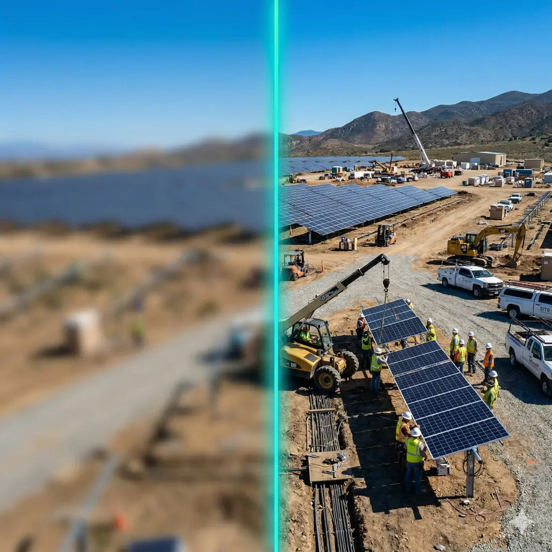 AI-generated image of a solar farm under construction on arid terrain divided by a vertical teal line. The left half of the image is extremely blurry and distorted, the right half is clear and bright.