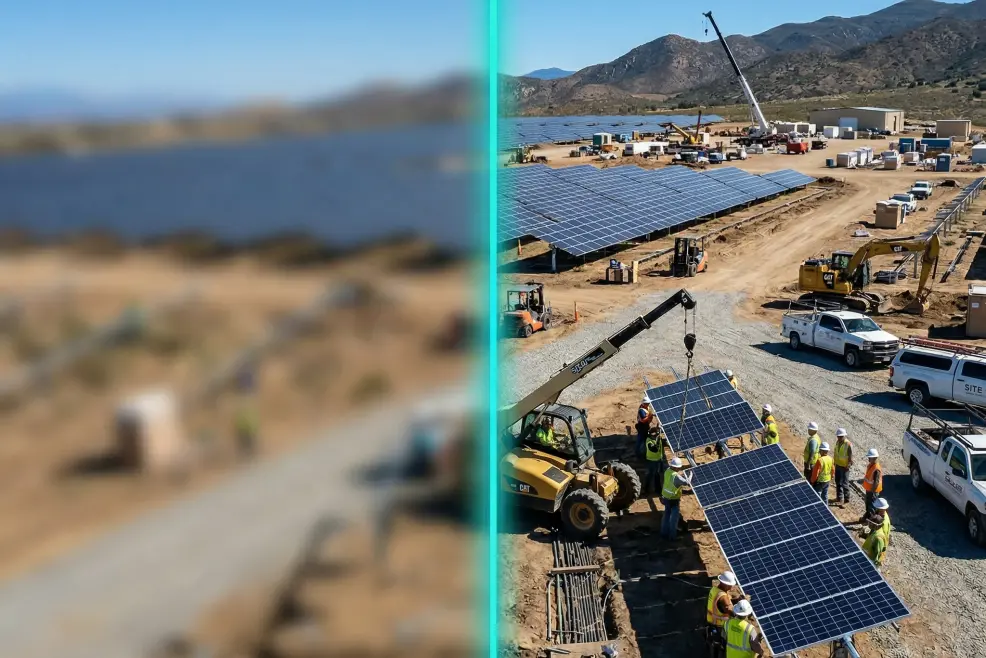 AI-generated image of a solar farm under construction on arid terrain divided by a vertical teal line. The left half of the image is extremely blurry and distorted, the right half is clear and bright.
