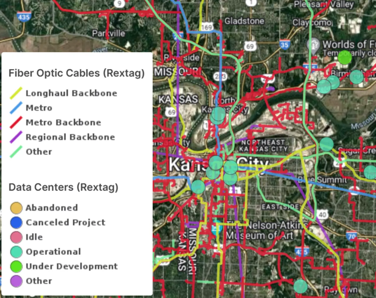 Display of PVcase Prospect's fiber optic cable data over Kansas City, US.