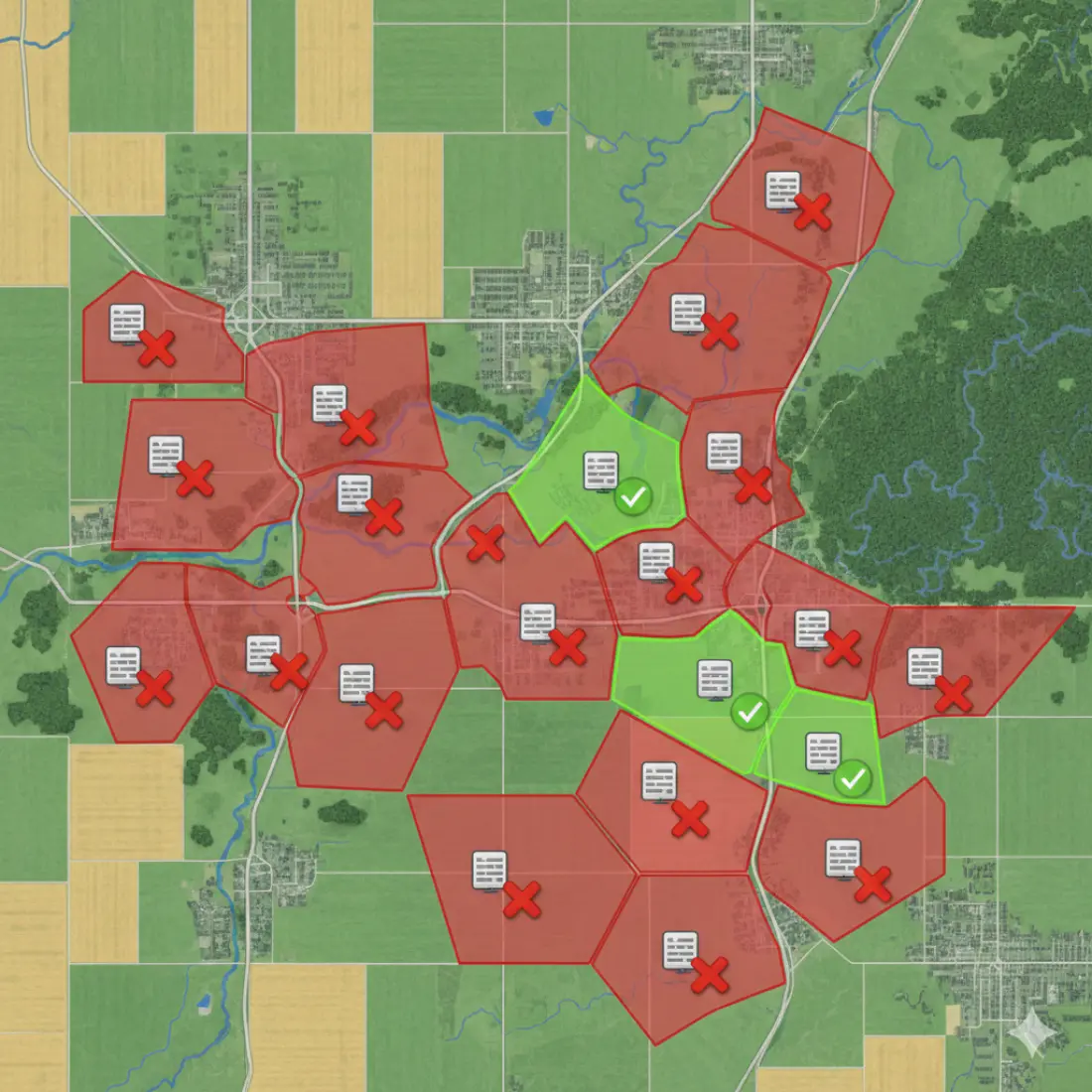 A GIS map of an unidentified county in the American Midwest, showing roads, rivers, farmland, forests, and little towns, divided into a myriad of angular zoning layers. Small, clean 2D flat icons of data centers are placed in each of these zones. Almost all of the zones are translucent red; their icons are a brighter, warning red covered with a BOLD, BRIGHT"X" overlay. Three specific zones are highlighted in a bright, translucent lime green, containing a white data center icon with a green checkmark.