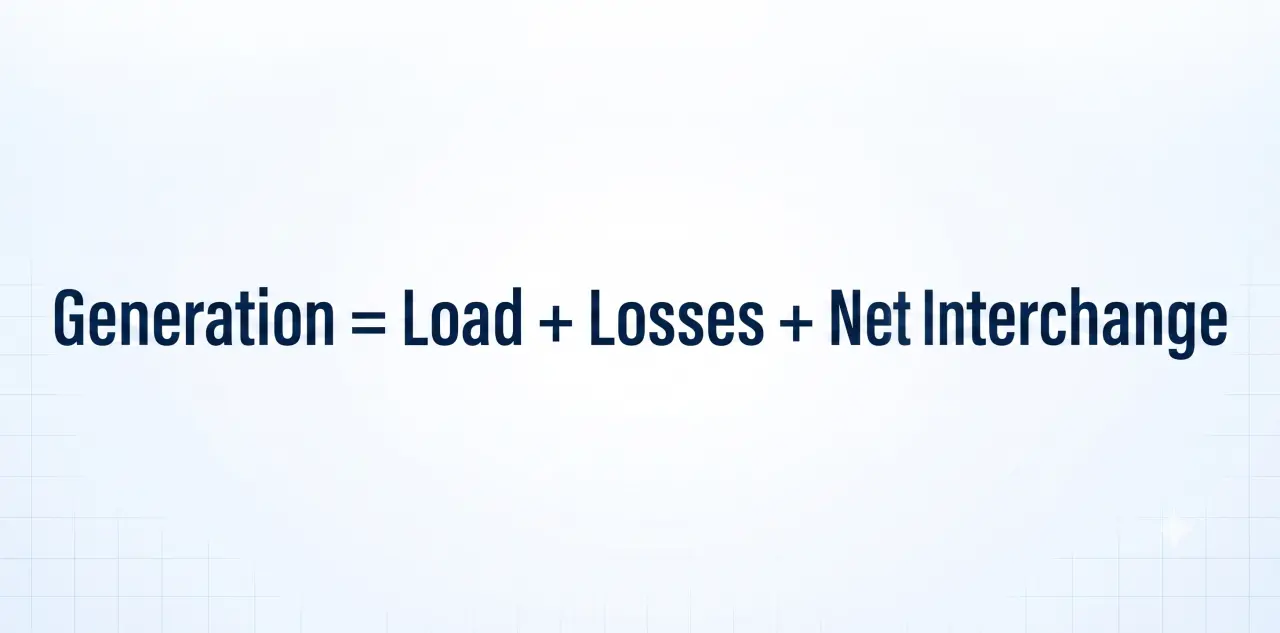 Diagram demonstrating power grid equilibrium where generation equals load plus losses plus net interchange.