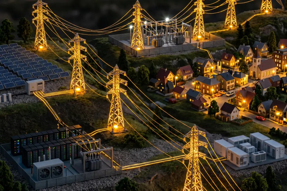 Miniature power grid model featuring illuminated transmission lines, a solar farm, battery storage, a substation, a data center, and a nearby town.