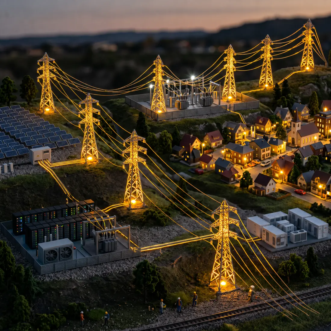 Miniature power grid model featuring illuminated transmission lines, a solar farm, battery storage, a substation, a data center, and a nearby town.