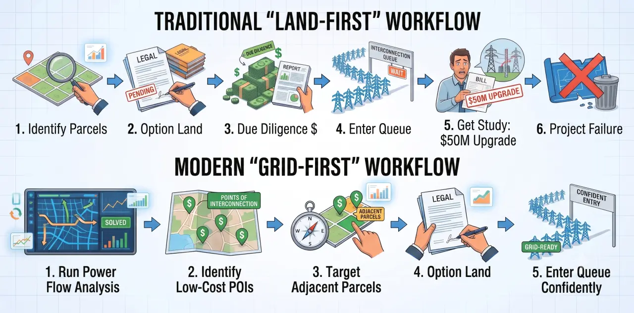 Flowchart comparing a traditional land-first site selection workflow that leads to project failure with a modern grid-first workflow leading to confident queue entry.