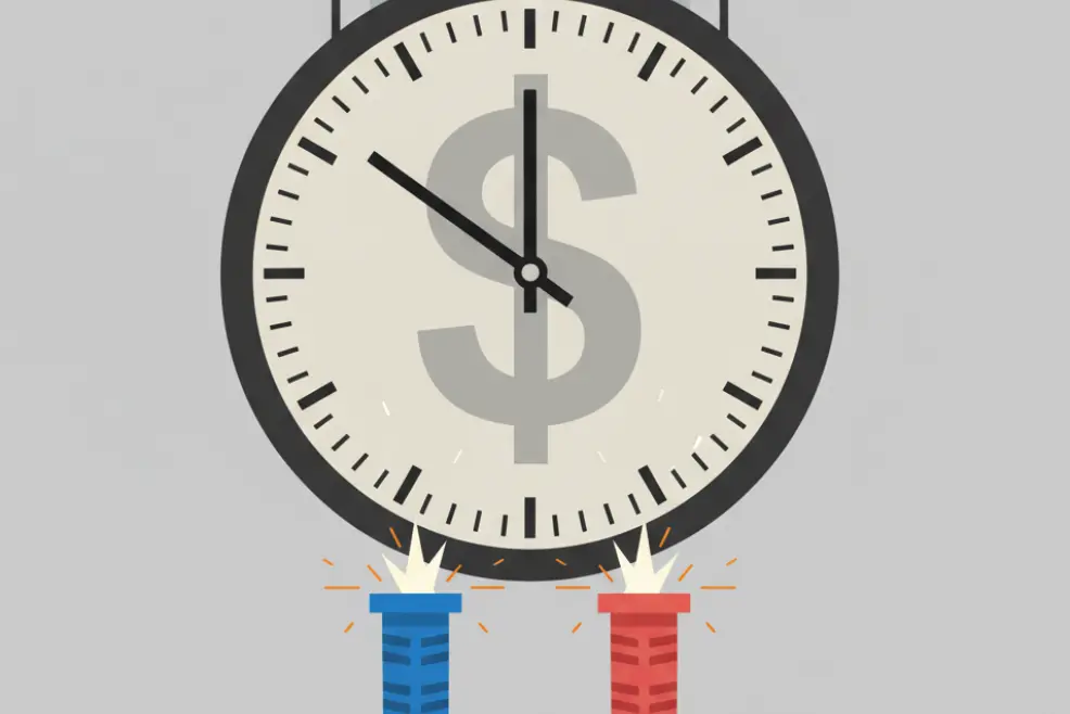 An abstract image depicting two parallel power cables cut by a clock with a dollar sign blocking a data center server.