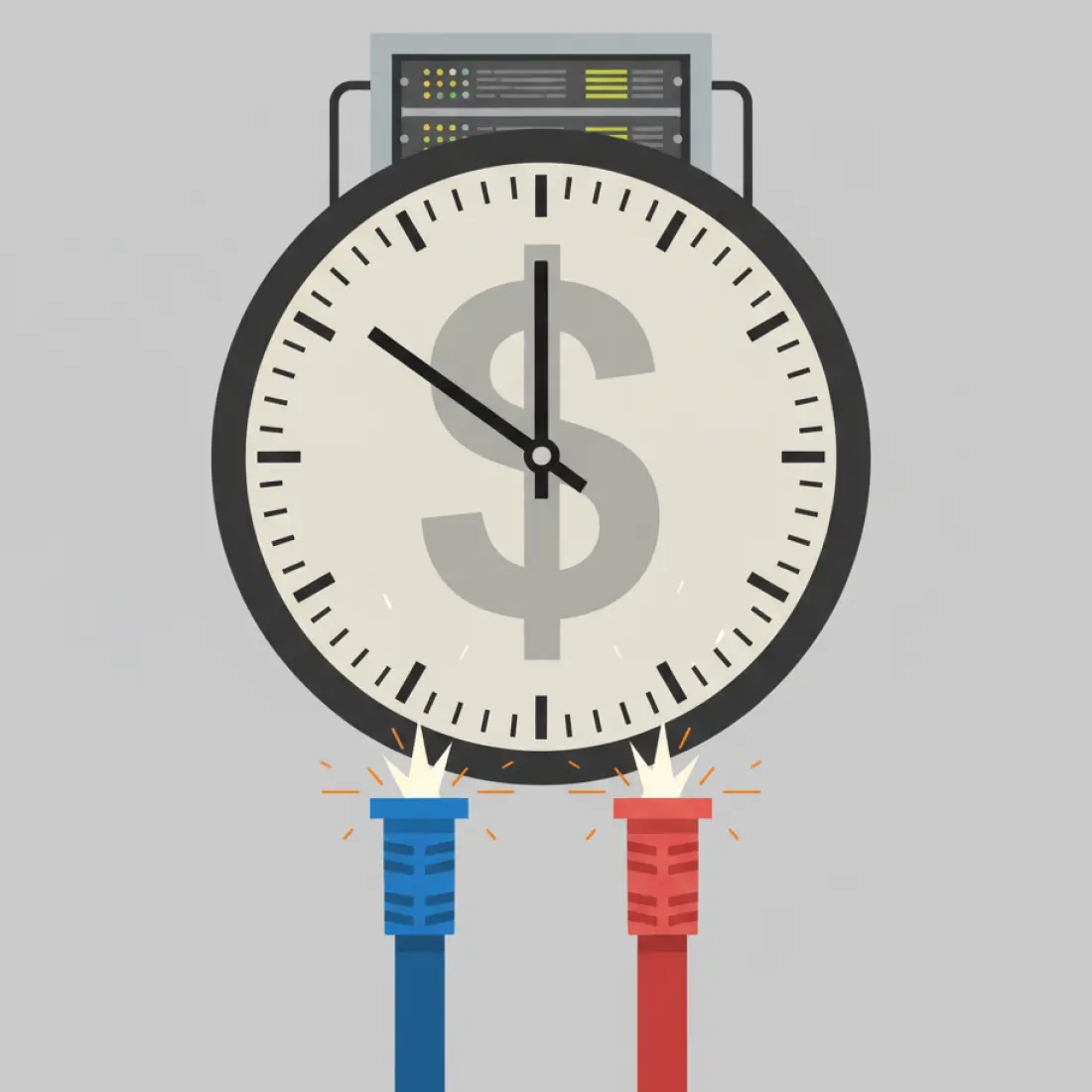 An abstract image depicting two parallel power cables cut by a clock with a dollar sign blocking a data center server.