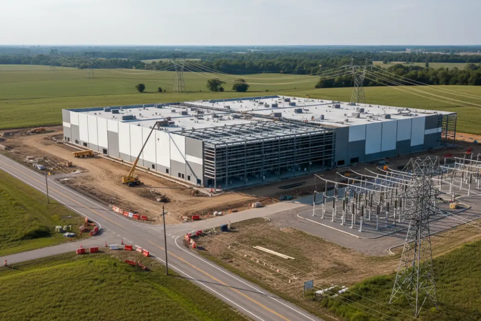 AI generated image of a data center being built in the Ohio countryside next to a road.