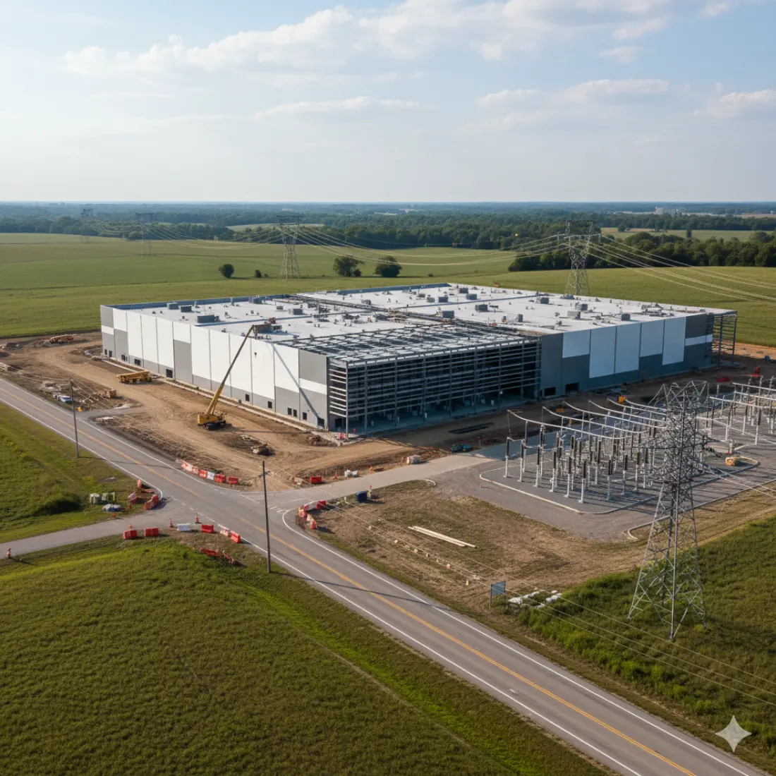 AI generated image of a data center being built in the Ohio countryside next to a road.