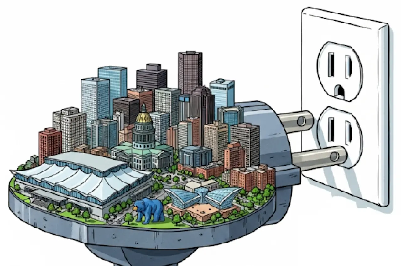 Abstract sketch of the city of Denver with its landmarks being plugged in.