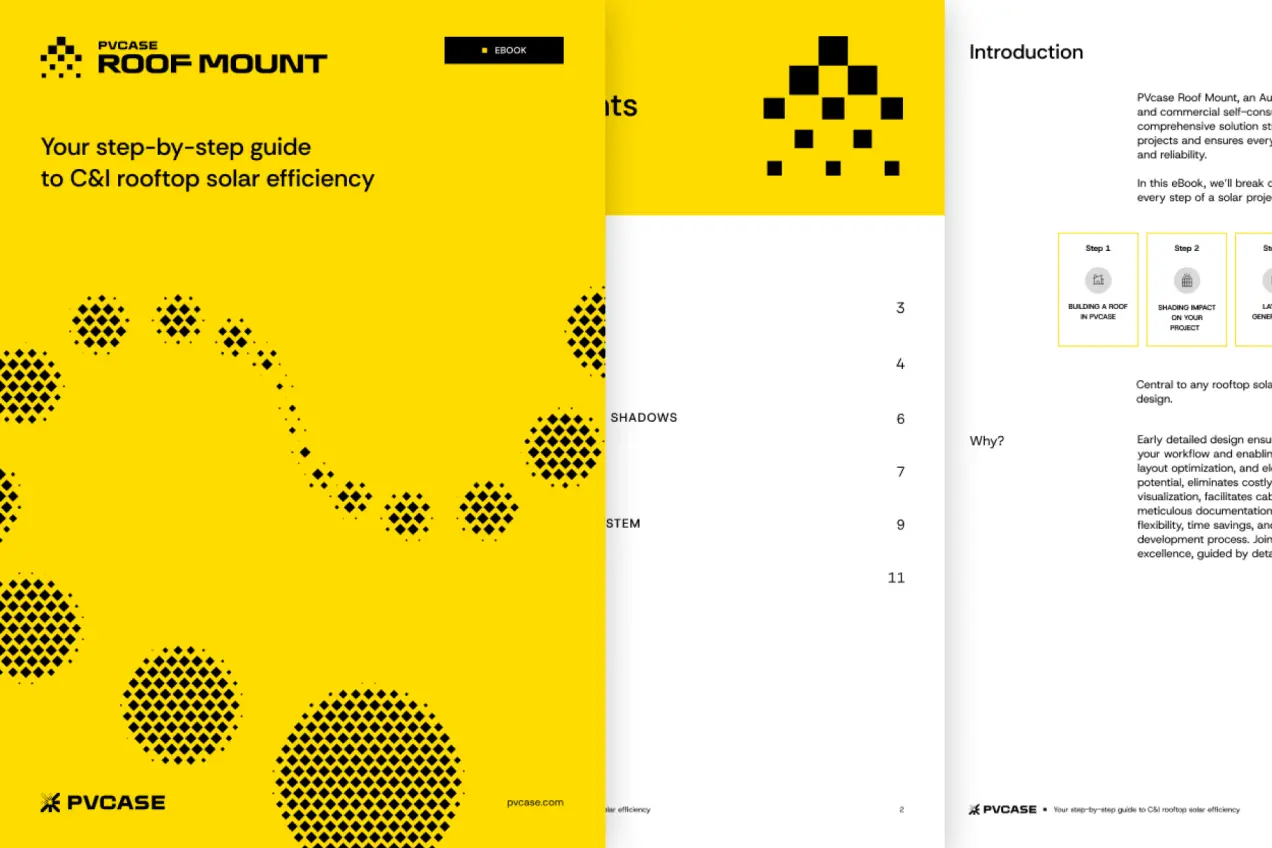 Thumbnail showing the front and first pages of the PVcase Roof Mount ebook "Your step-by-step guide to C&I rooftop solar efficiency."