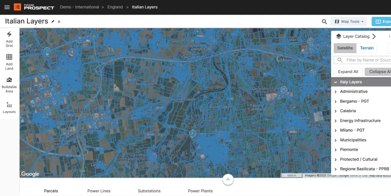 Map highlighting the new PVcase Prospect Italian parcel layers in blue.
