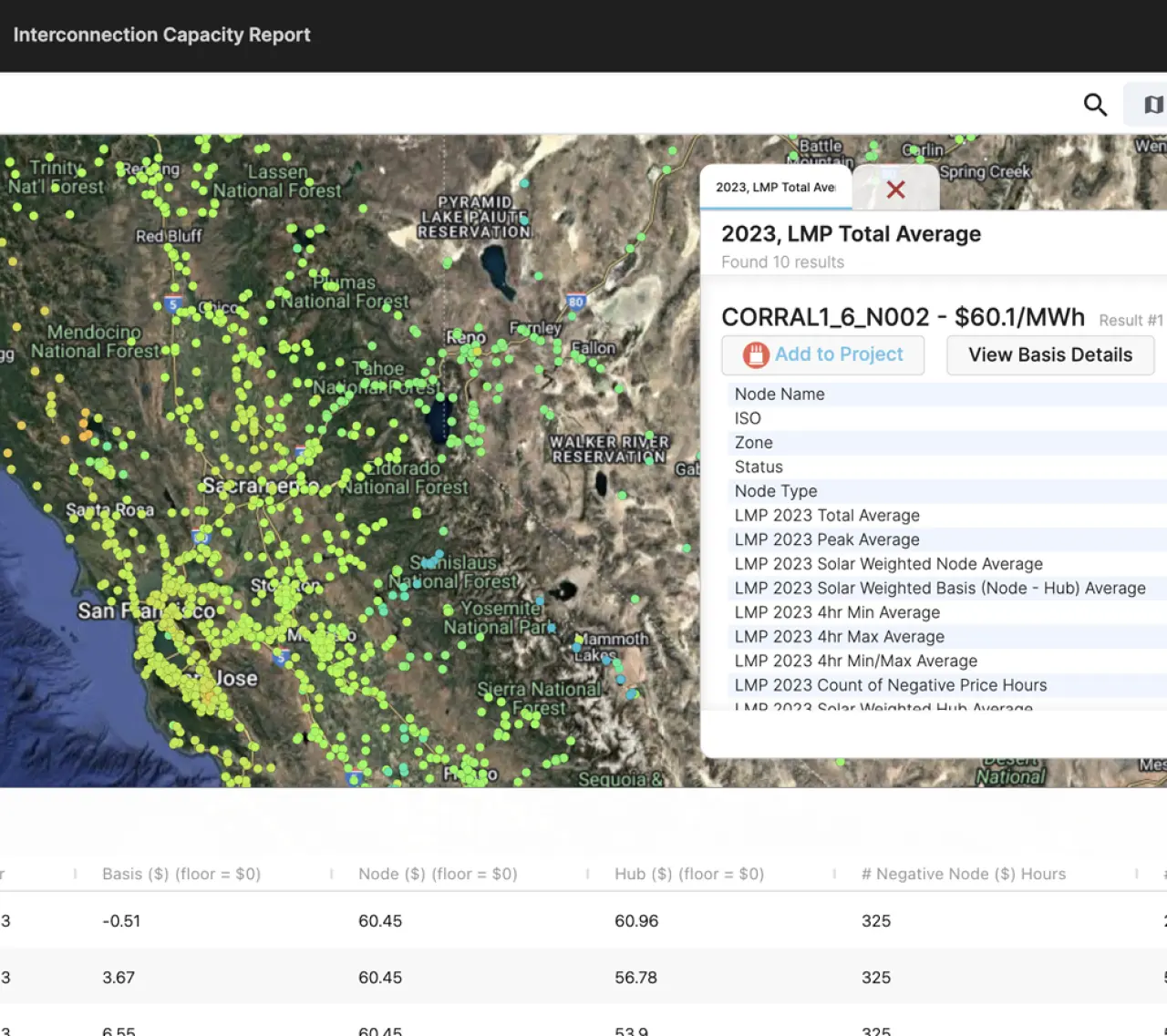 Screenshot of the locational marginal pricing data over central California taken from PVcase Prospect.