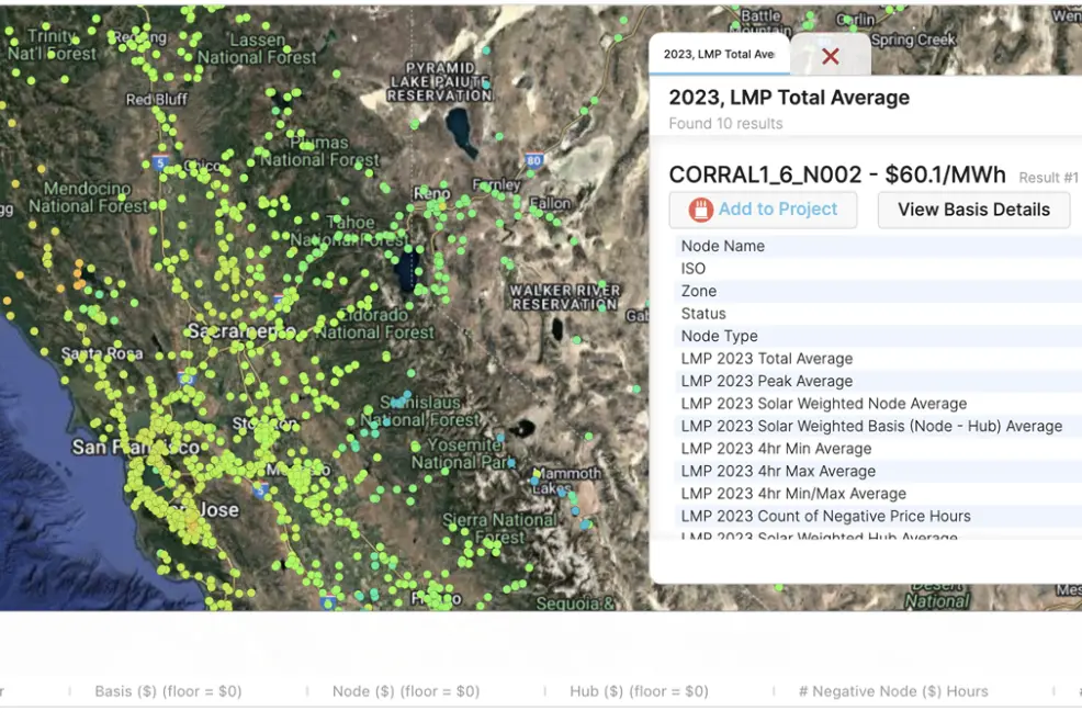 Screenshot of the locational marginal pricing data over central California taken from PVcase Prospect.