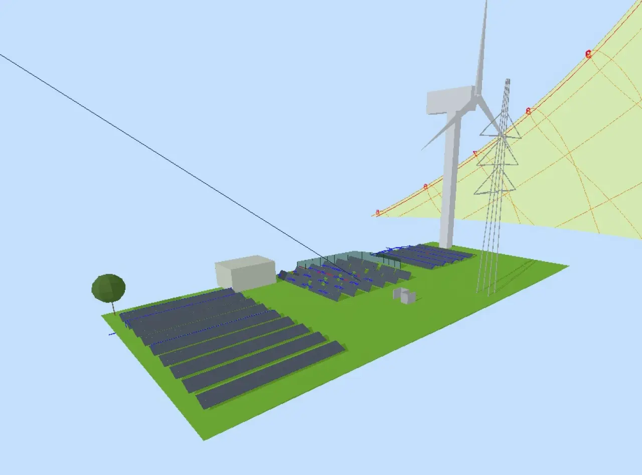 3D simulation of a solar farm with mixed fixed-tilt and tracker systems to calculate solar irradiance on PVcase Yield.